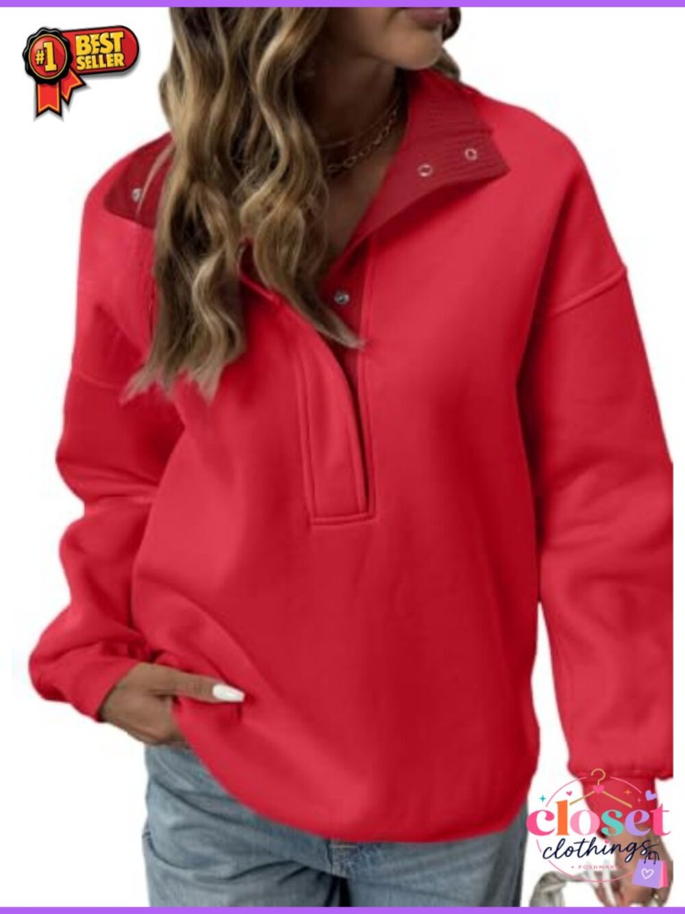 Women's Oversized Mock Neck Sweatshirt Henley Button Long Sleeve Pullover